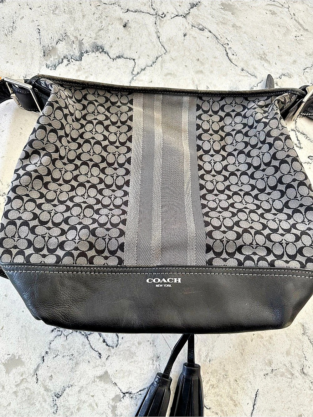 Coach Classic Signature Stripe Jacquard Shoulder Bag in Black